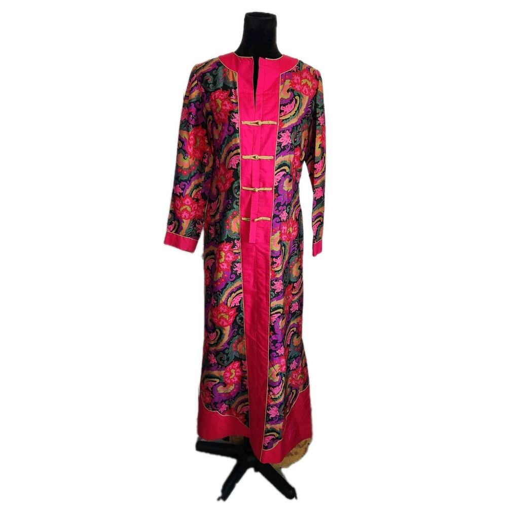 Vintage 60s Doreen Lok Floral Silk Kaftan Asian Dress READ FLAWS